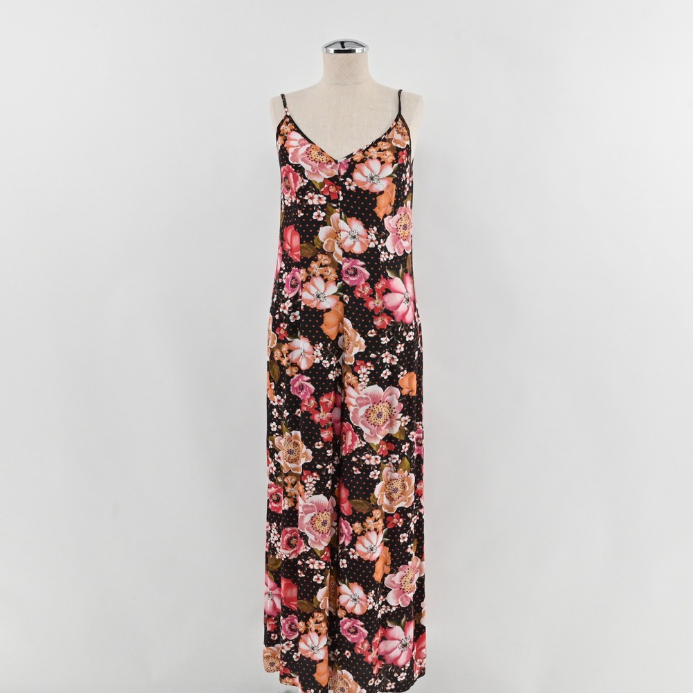 Anthropologie Kachel Floral Wide Leg Jumpsuit Womens Size 2 Black Boho Polka Dot